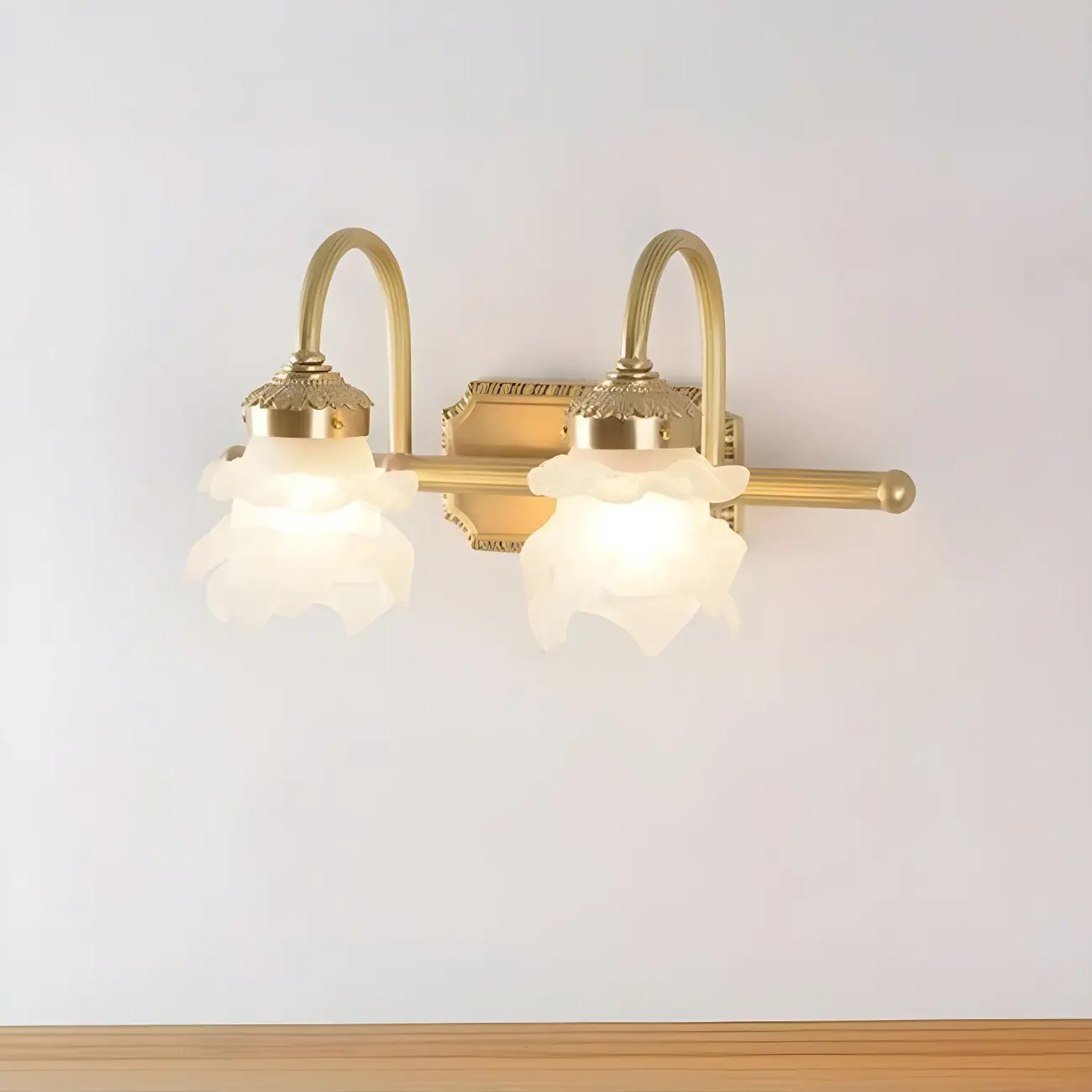 Modern Small Gold Arc 2-Light Vanity Light with Glass Shade | homeyfad