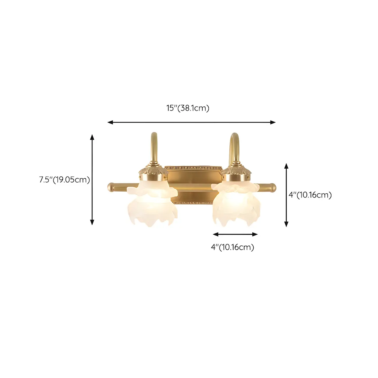Modern Small Gold Arc 2-Light Vanity Light with Glass Shade #size