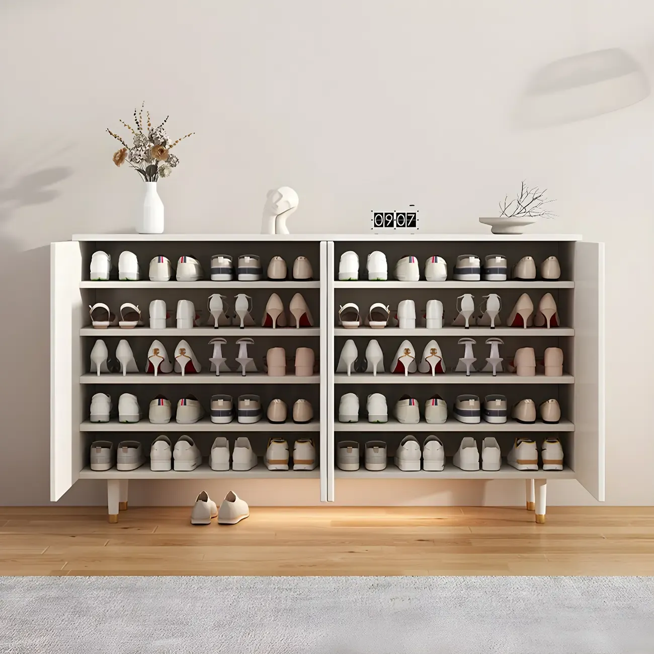 Green Wood Shoe Cabinet with Adjustable Shelves Image - 5