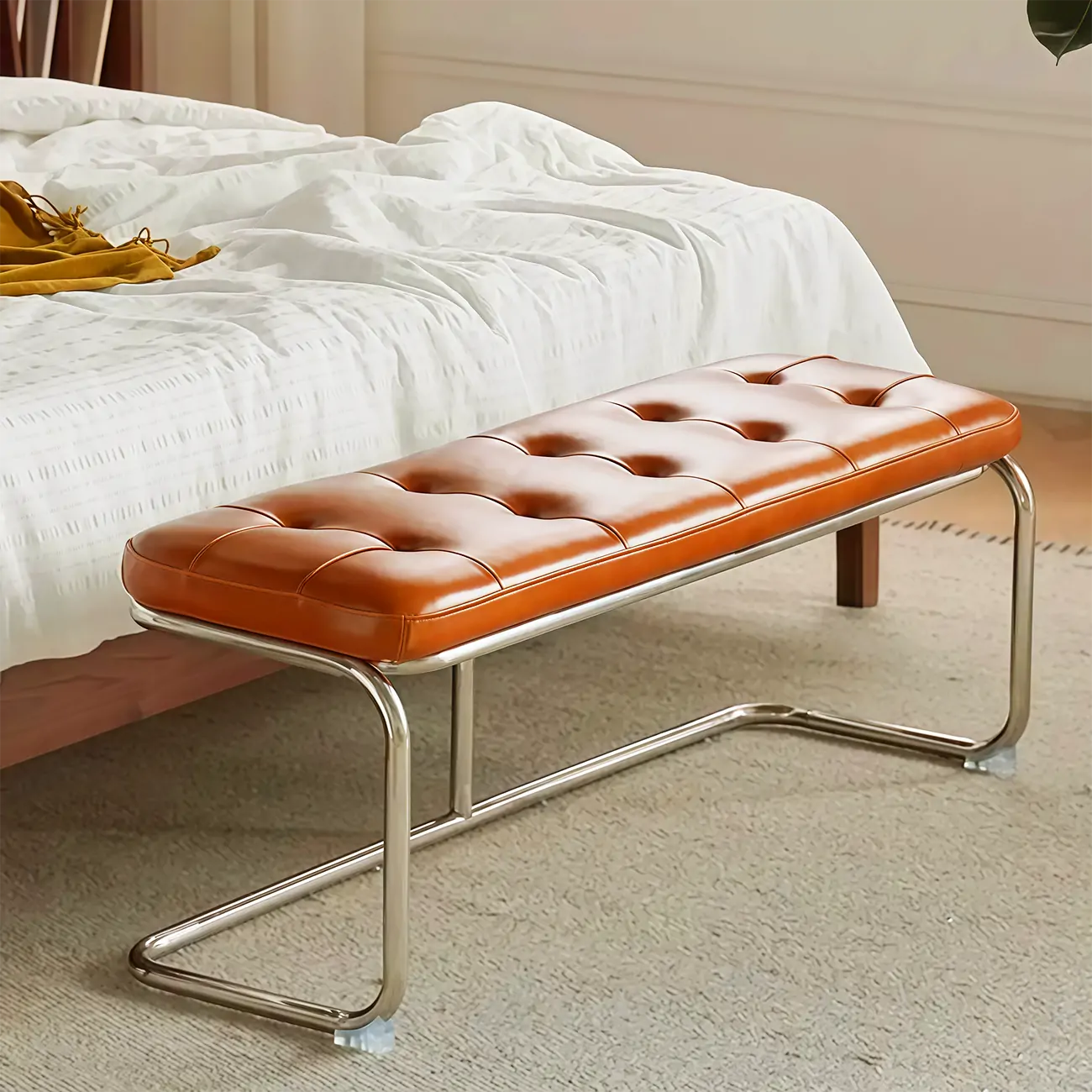 Modern Rectangular Cushioned Leather Bedroom Bench Image - 1 | homeyfad