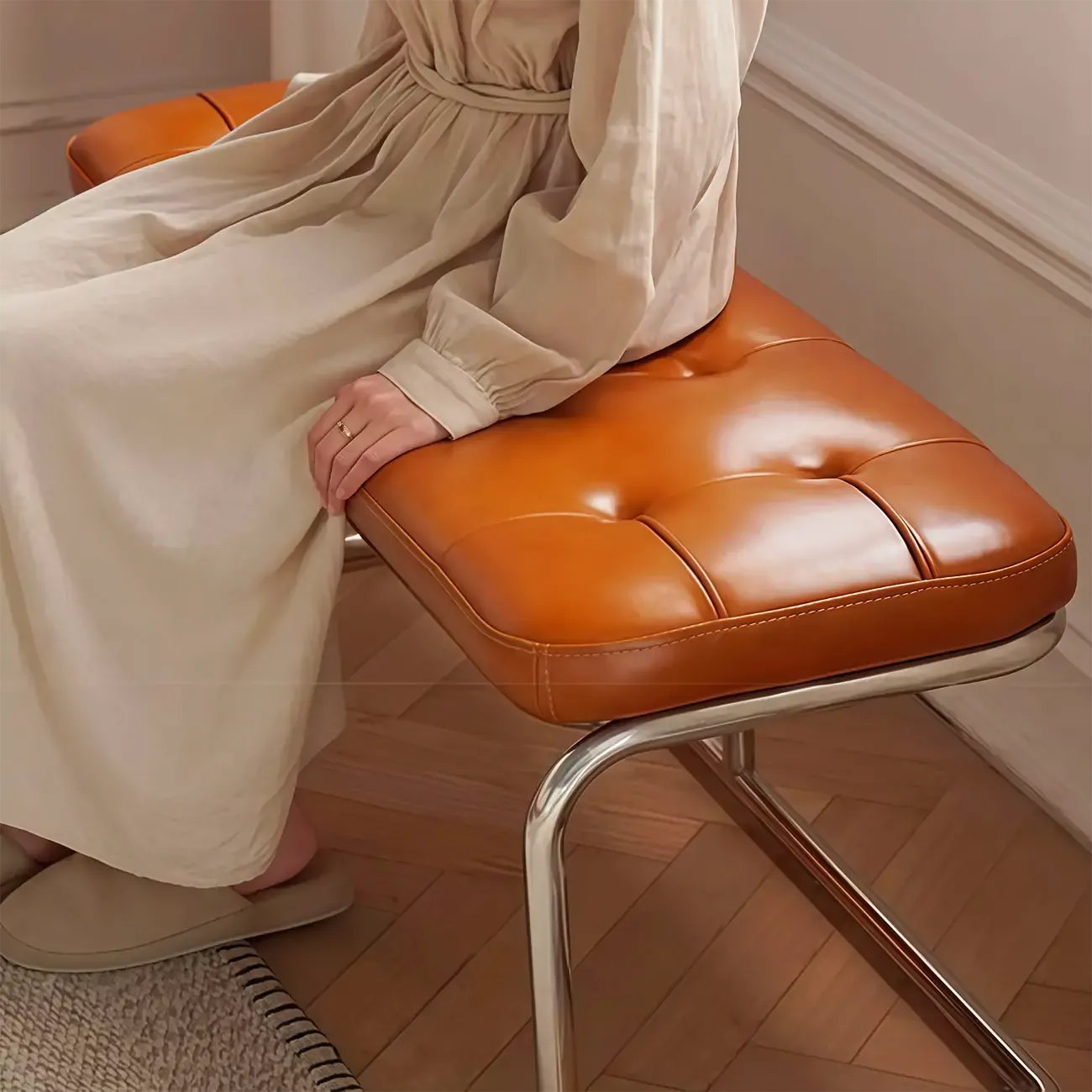 Modern Rectangular Cushioned Leather Bedroom Bench Image - 3