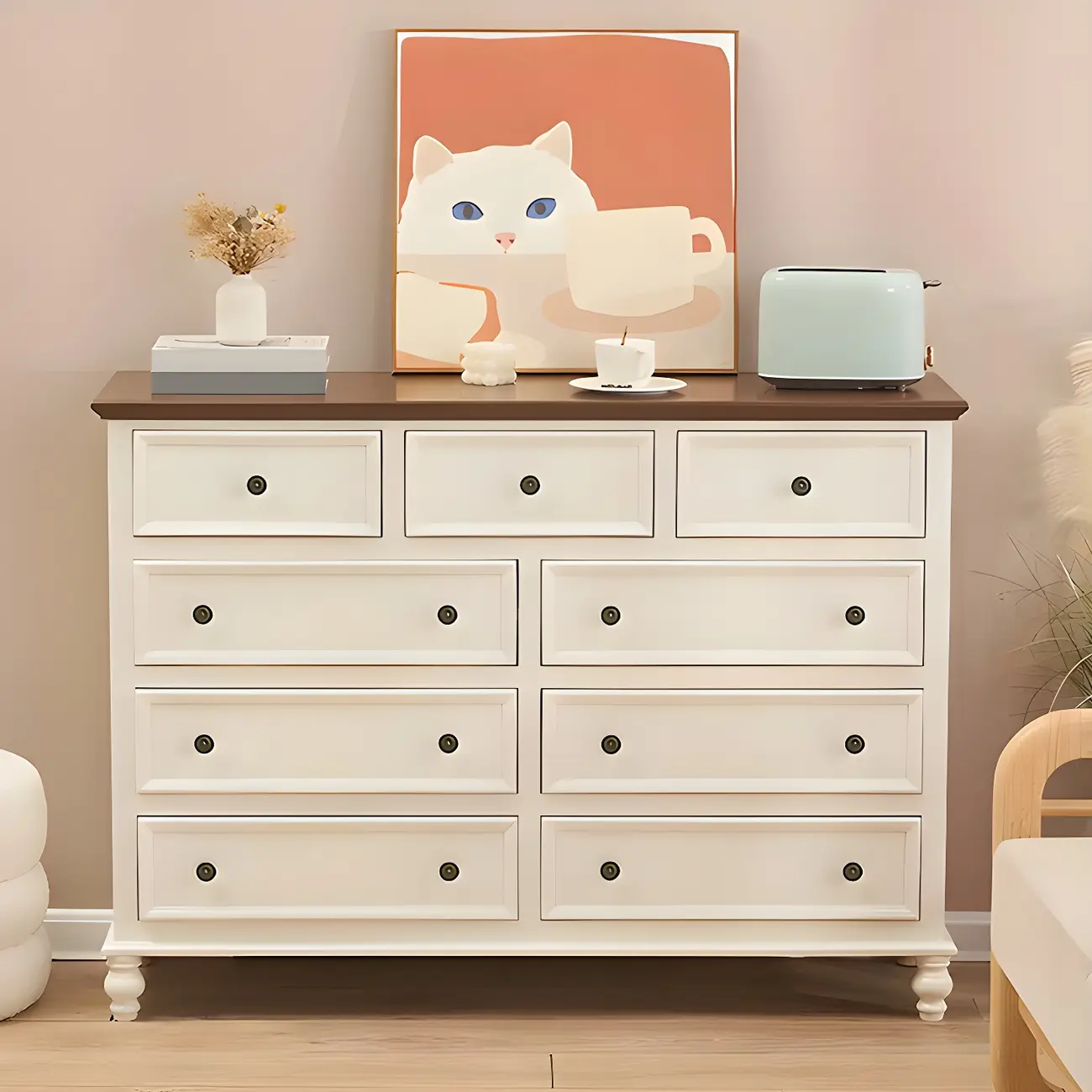 Elegant Classic Lacquered Wooden White Brown Storage Cabinet Image - 8 | homeyfad