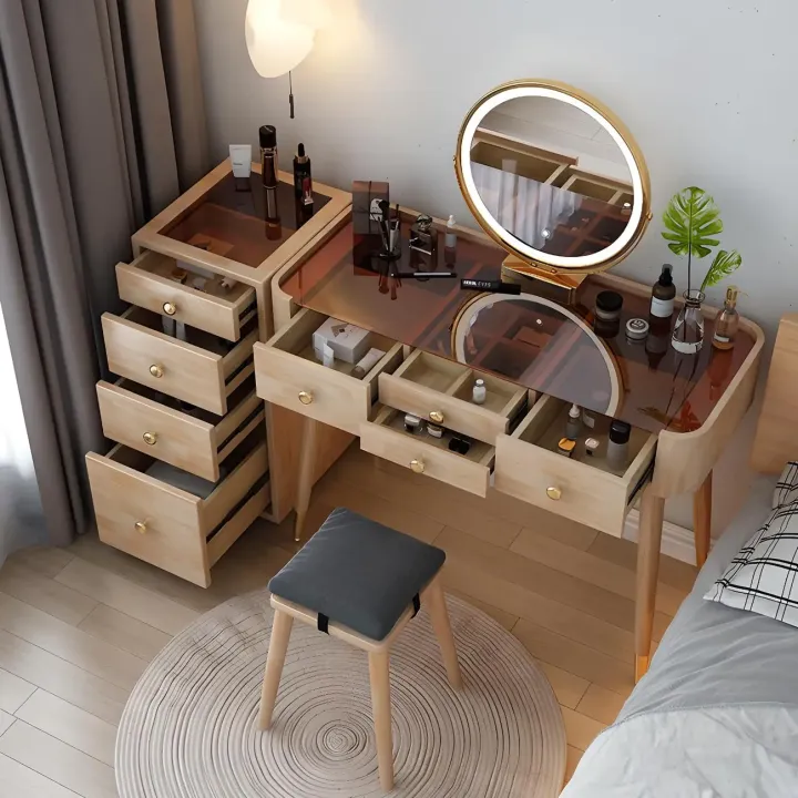 glass top natural wood makeup vanity