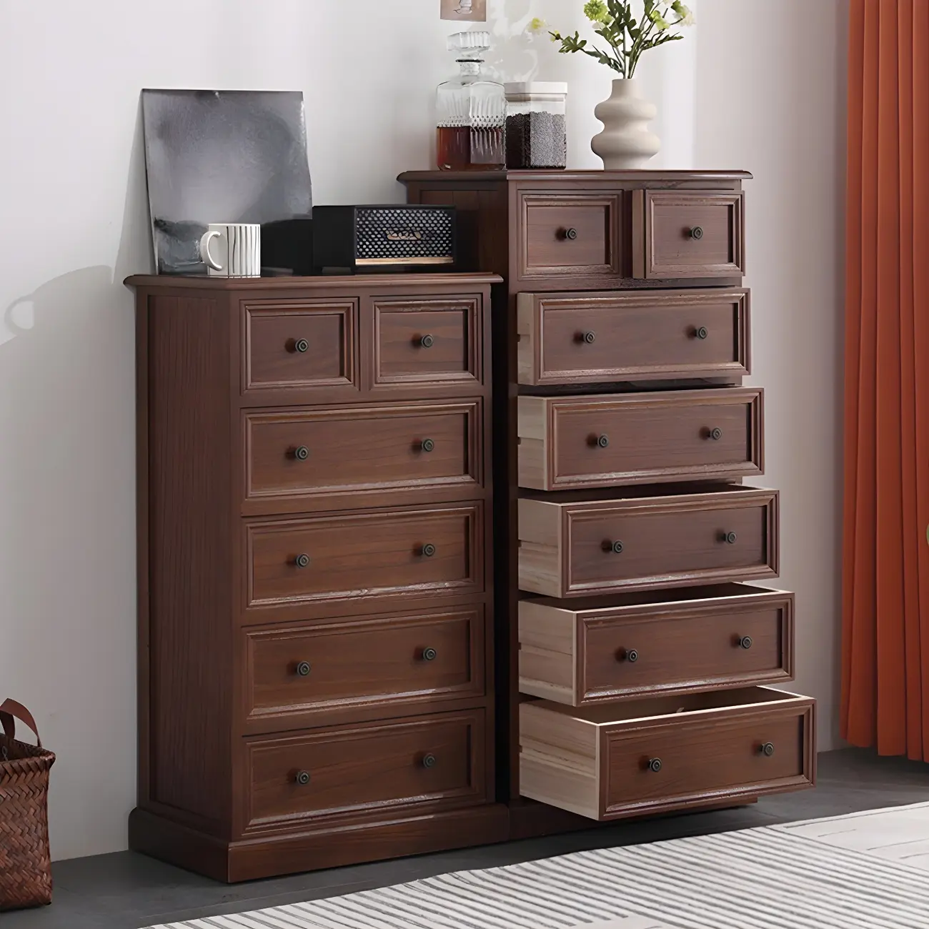 Retro Lacquered Rectangular Wooden Drawers Storage Chest Image - 7 | homeyfad