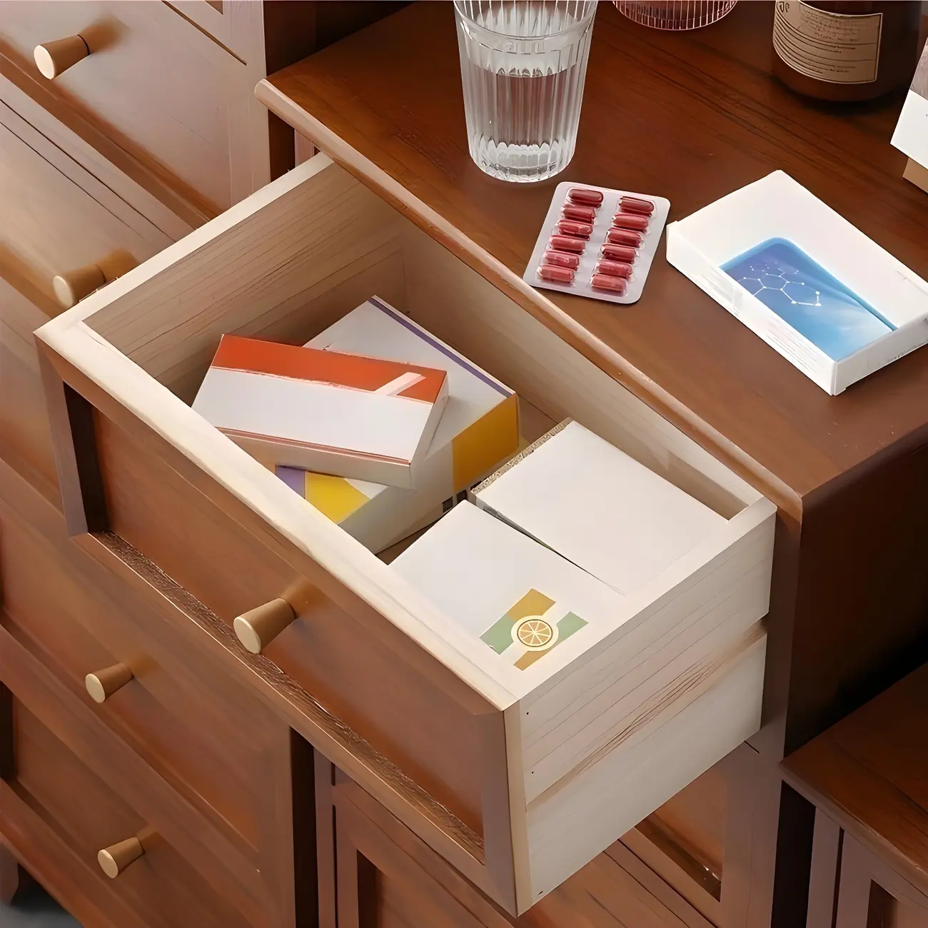 Retro Lacquered Rectangular Wooden Drawers Storage Chest Image - 18 | homeyfad