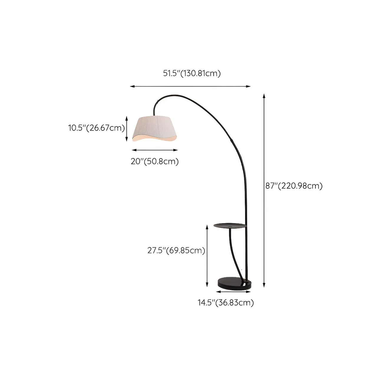 Plug In Black Arc Floor Lamp with LED Light  & Storage Shelf  #size