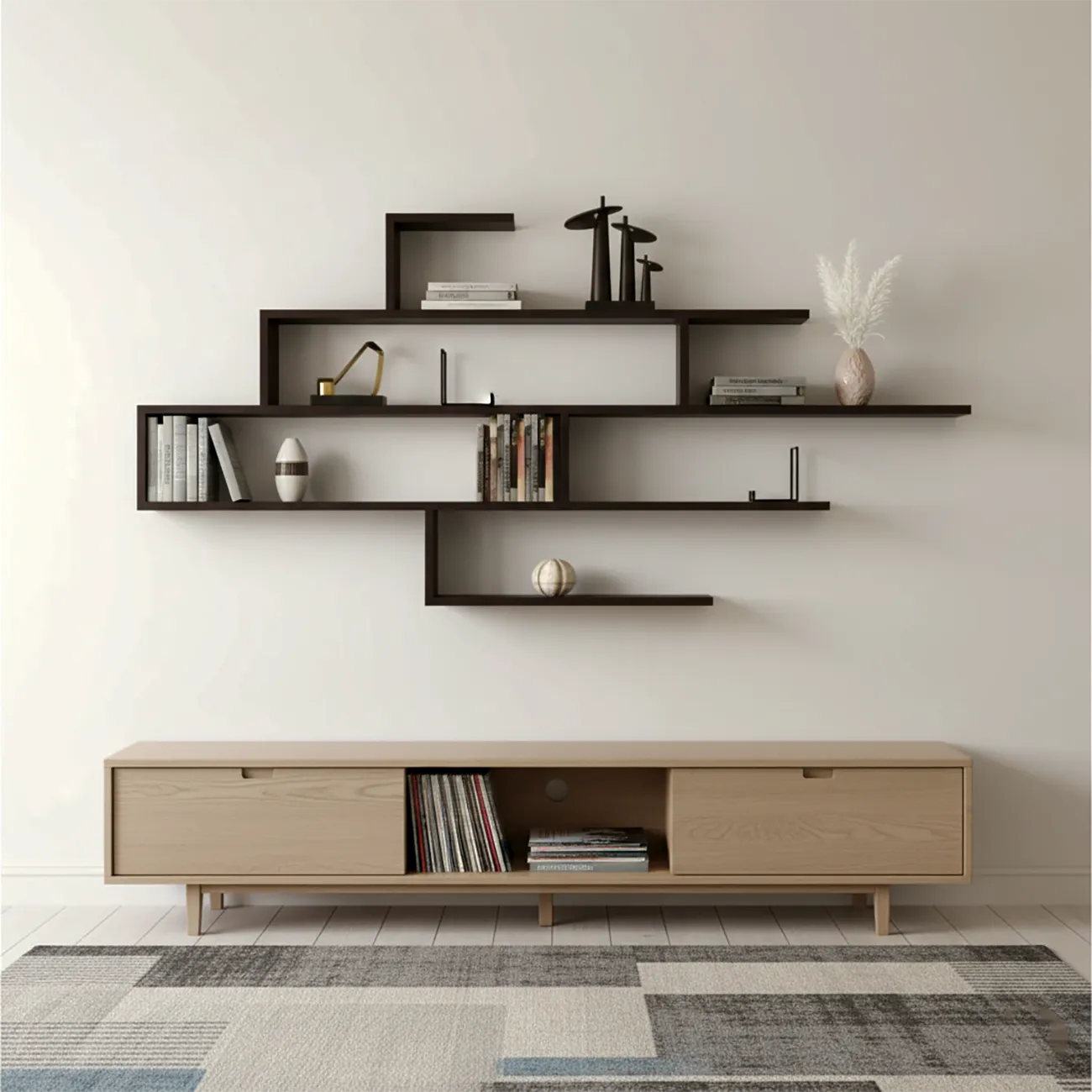 Minimalist Black Wood Geometric Wall-mounted Bookshelf Image - 1