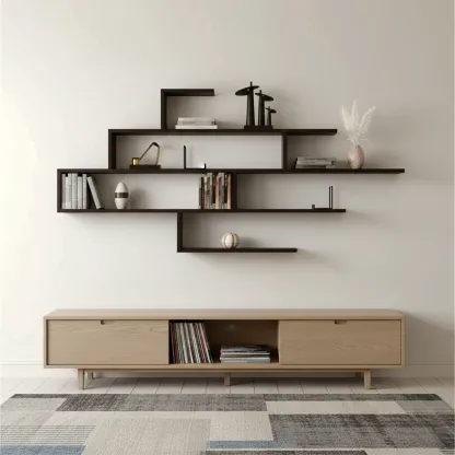 Minimalist Black Wood Geometric Wall-mounted Bookshelf Image - 1