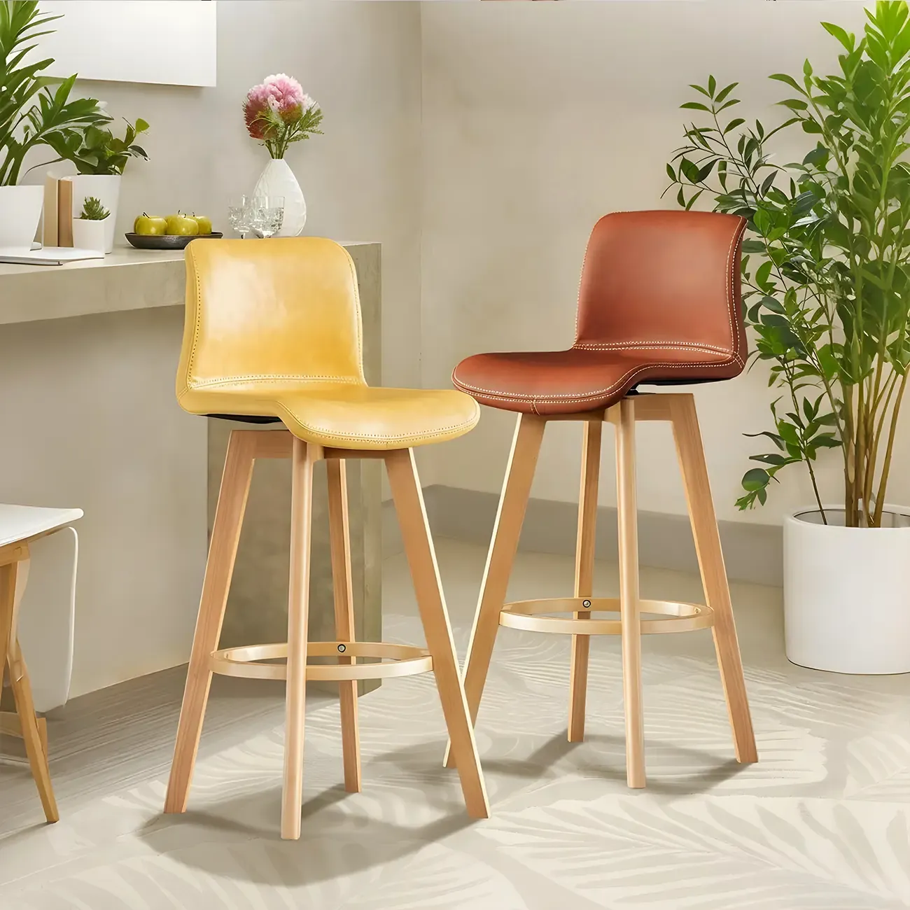 Saddle Leather Counter Height Low Back Swivel Bar Stools Image - 4