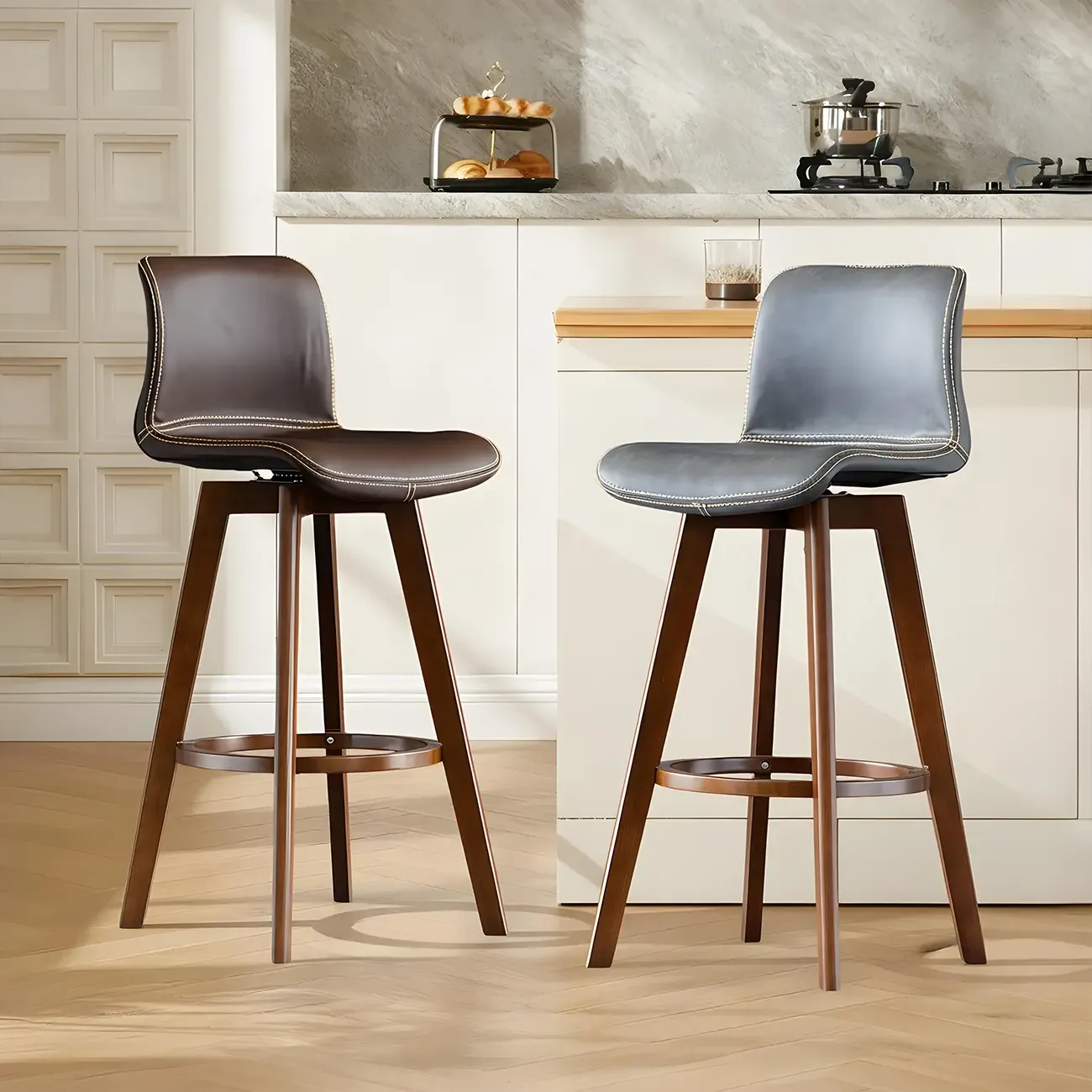 Saddle Leather Counter Height Low Back Swivel Bar Stools Image - 2