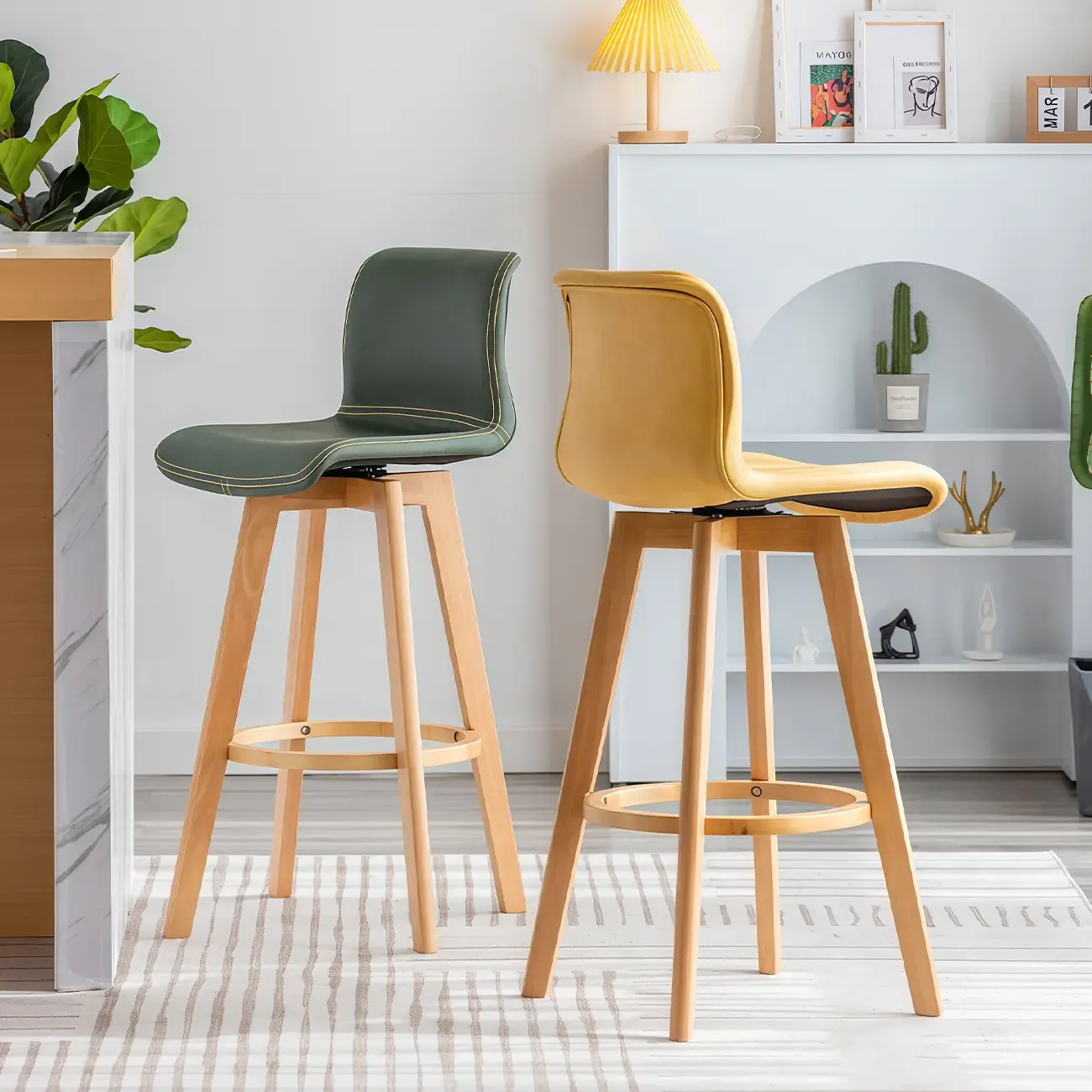 Saddle Leather Counter Height Low Back Swivel Bar Stools Image - 1