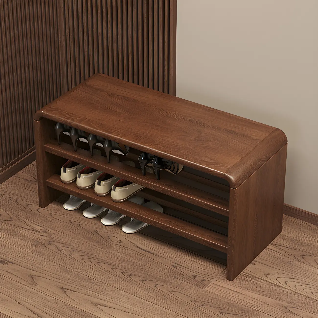 Entryway Brown Solid Wood 3-Tier Shoe Rack Bench Image - 1 | homeyfad
