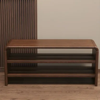 Entryway Brown Solid Wood 3-Tier Shoe Rack Bench Image - 6