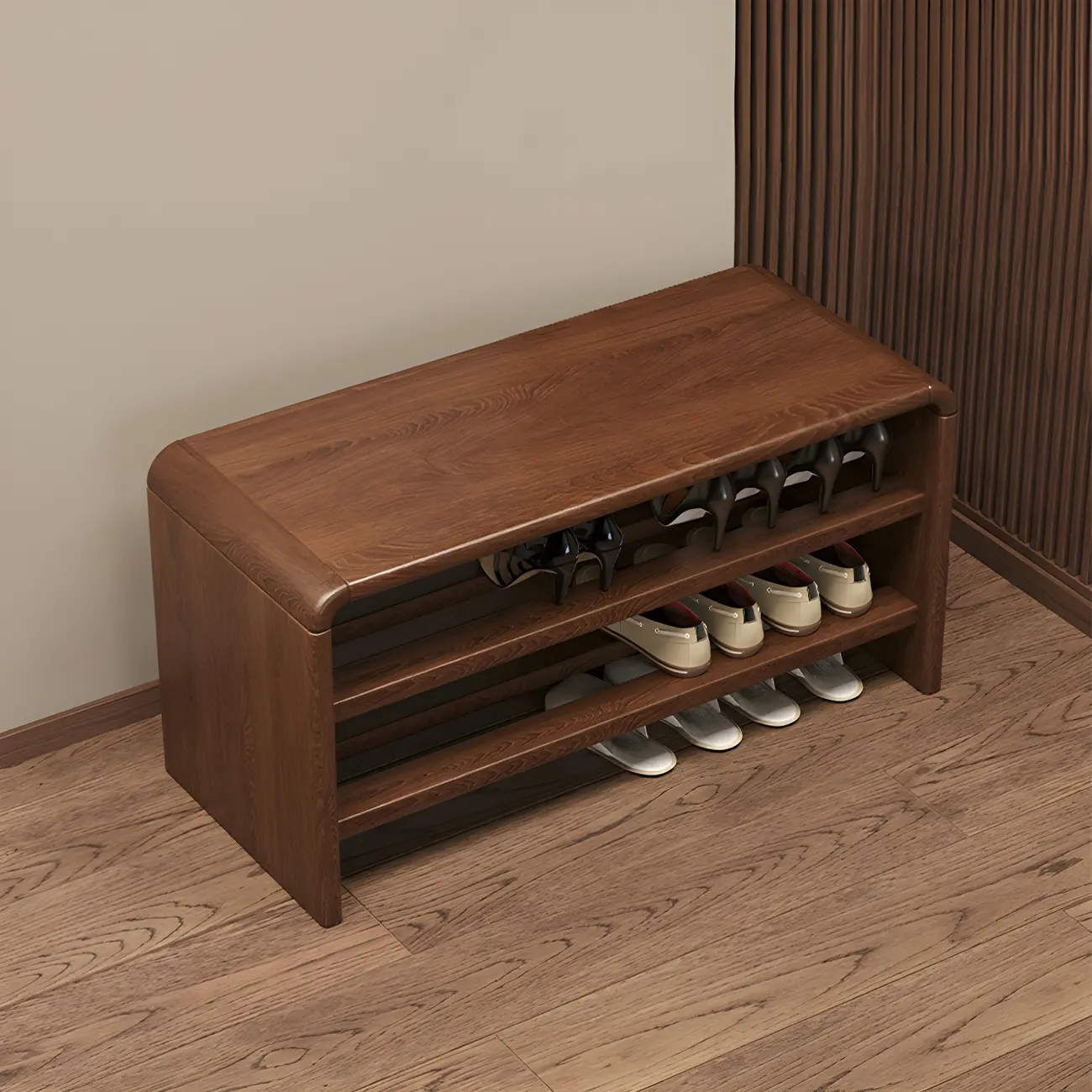 Entryway Brown Solid Wood 3-Tier Shoe Rack Bench Image - 8 | homeyfad