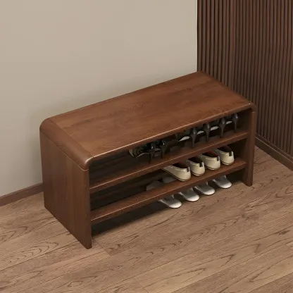 Entryway Brown Solid Wood 3-Tier Shoe Rack Bench Image - 8