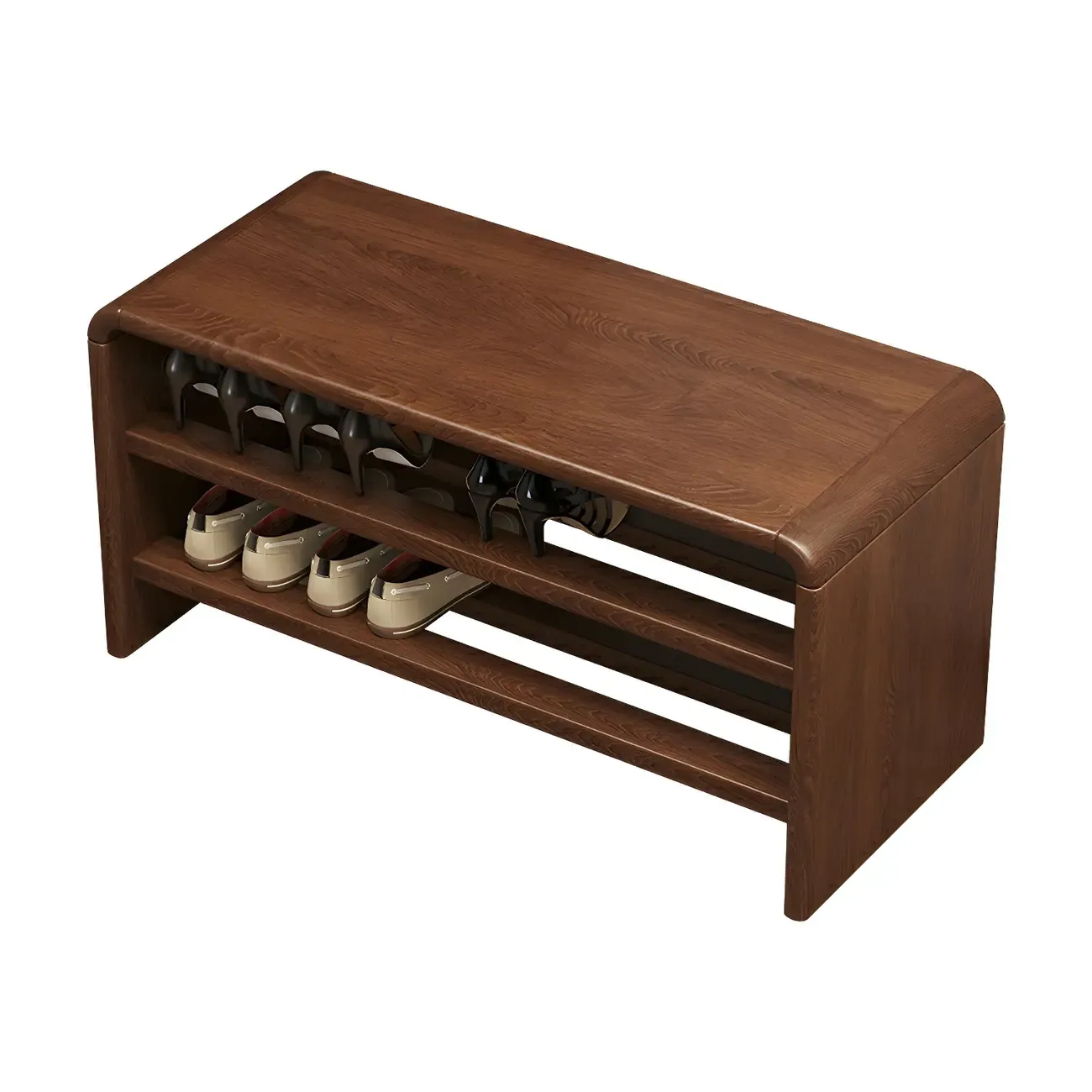 Entryway Brown Solid Wood 3-Tier Shoe Rack Bench Image - 10