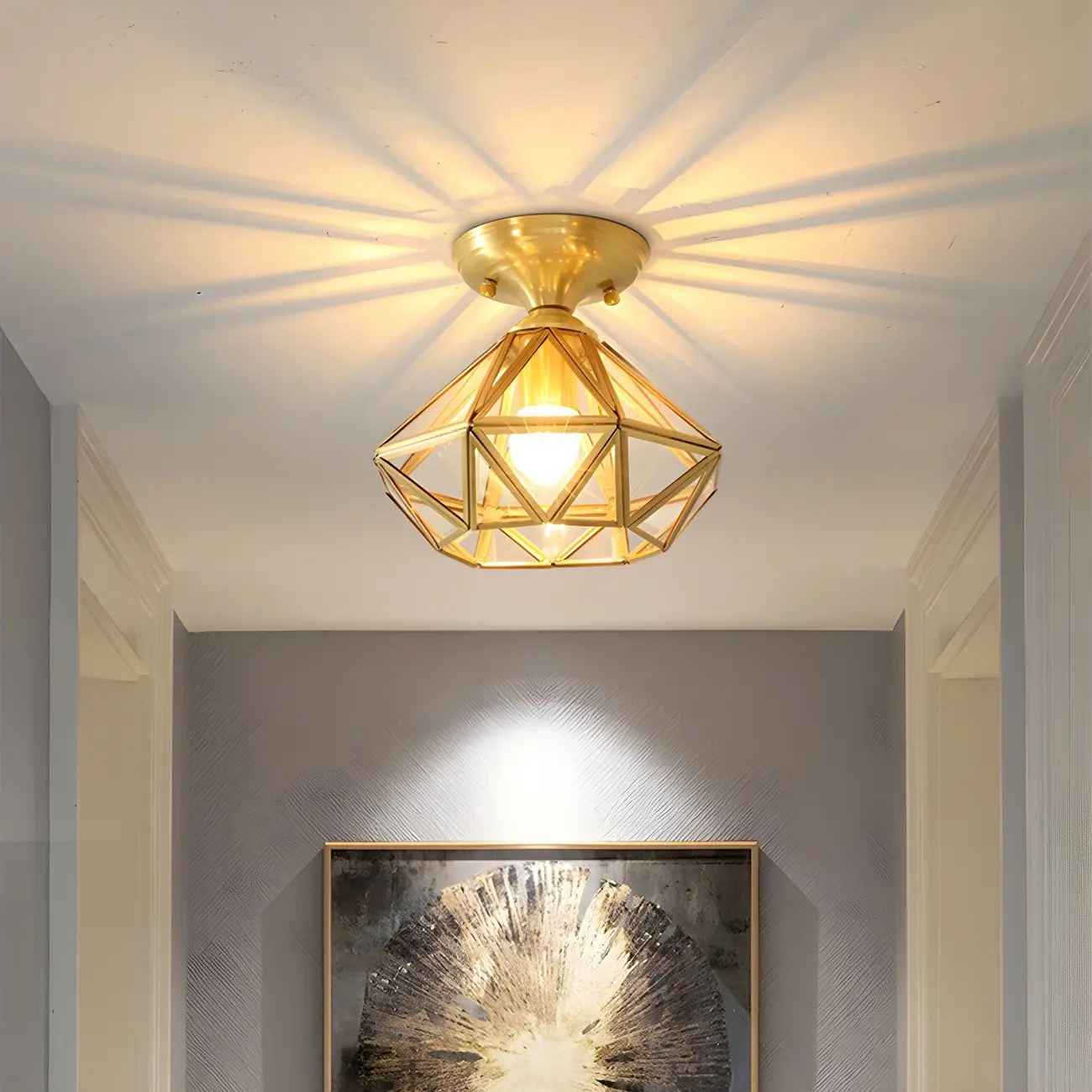 Geometric Gold Semi Flush Ceiling Light for Hallway Lighting Image - 1 | homeyfad