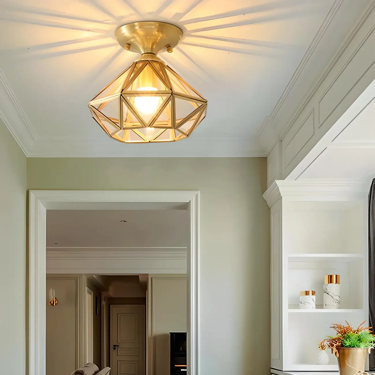 Geometric Gold Semi Flush Ceiling Light for Hallway Lighting Image - 3 | homeyfad