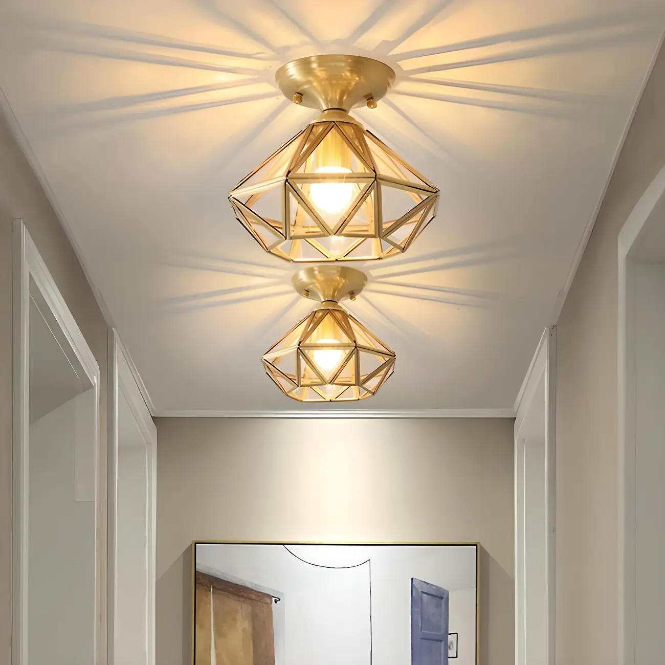Geometric Gold Semi Flush Ceiling Light for Hallway Lighting Image - 4 | homeyfad