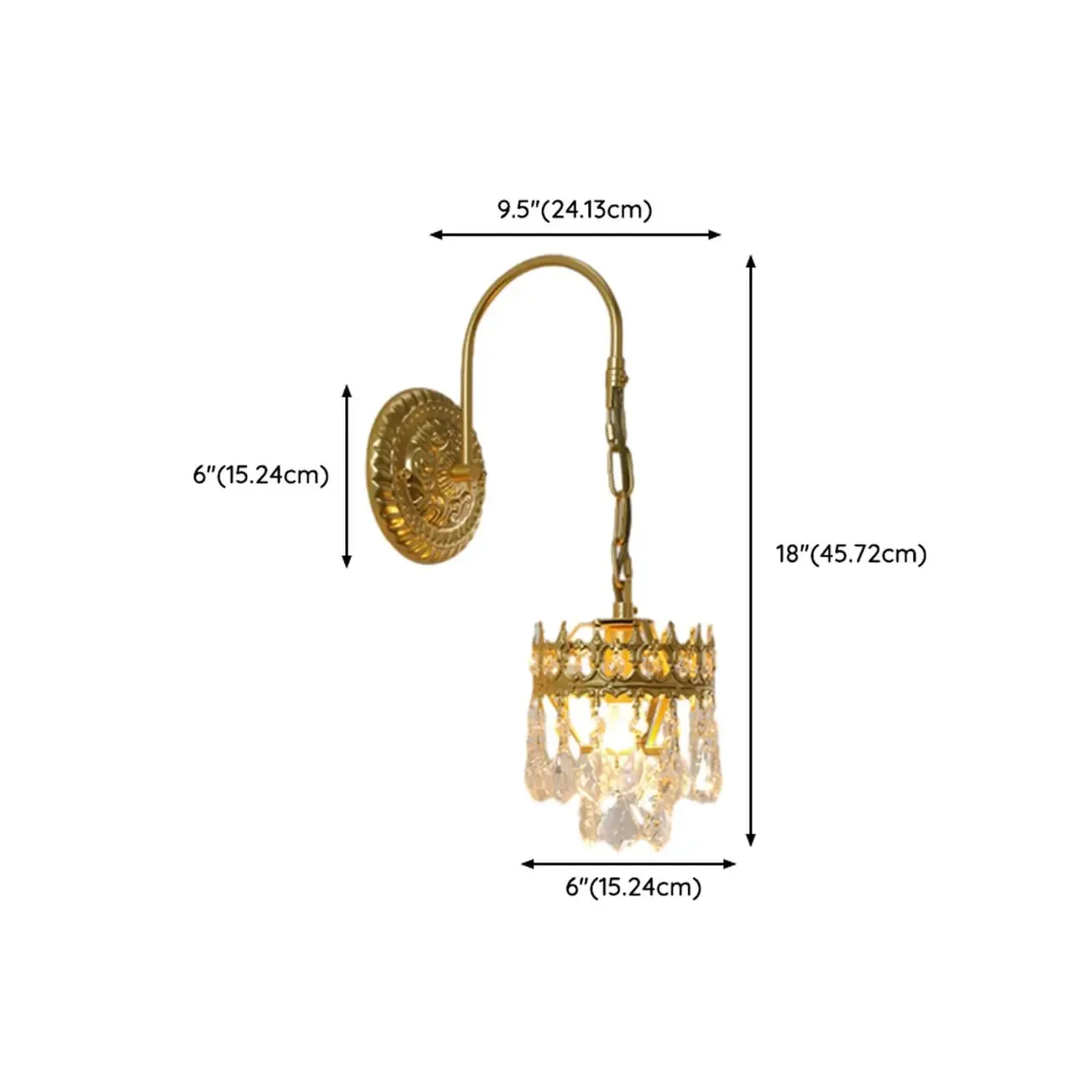 Vintage Gold Wall Light with Crystal Shade for Living Room #size