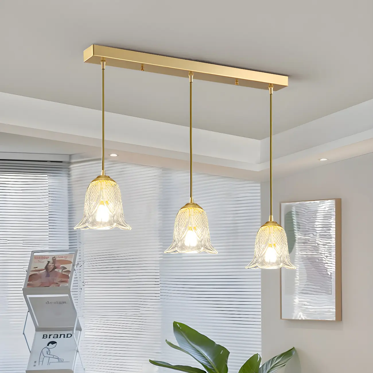 3-Light Elegant Gold Glass Flower Pendant Light for Kitchen Island Image - 1 | homeyfad