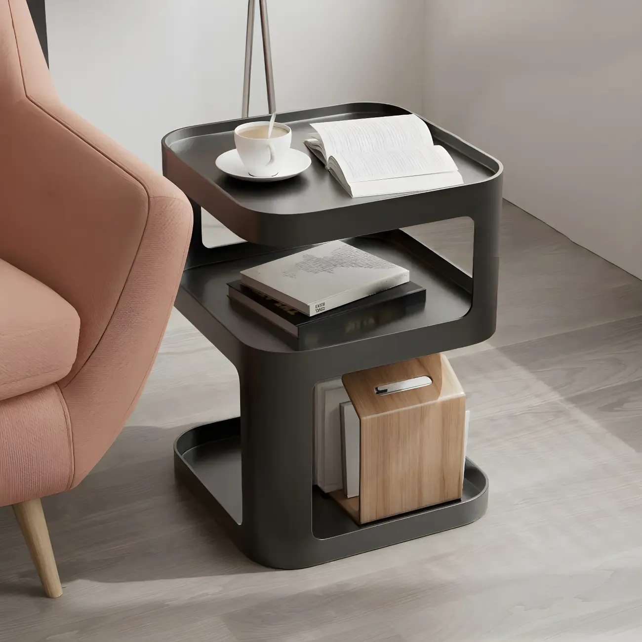 Modern Square Metal Side Table with Storage Shelves Image - 3