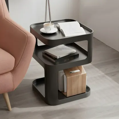 Modern Square Metal Side Table with Storage Shelves Image - 3