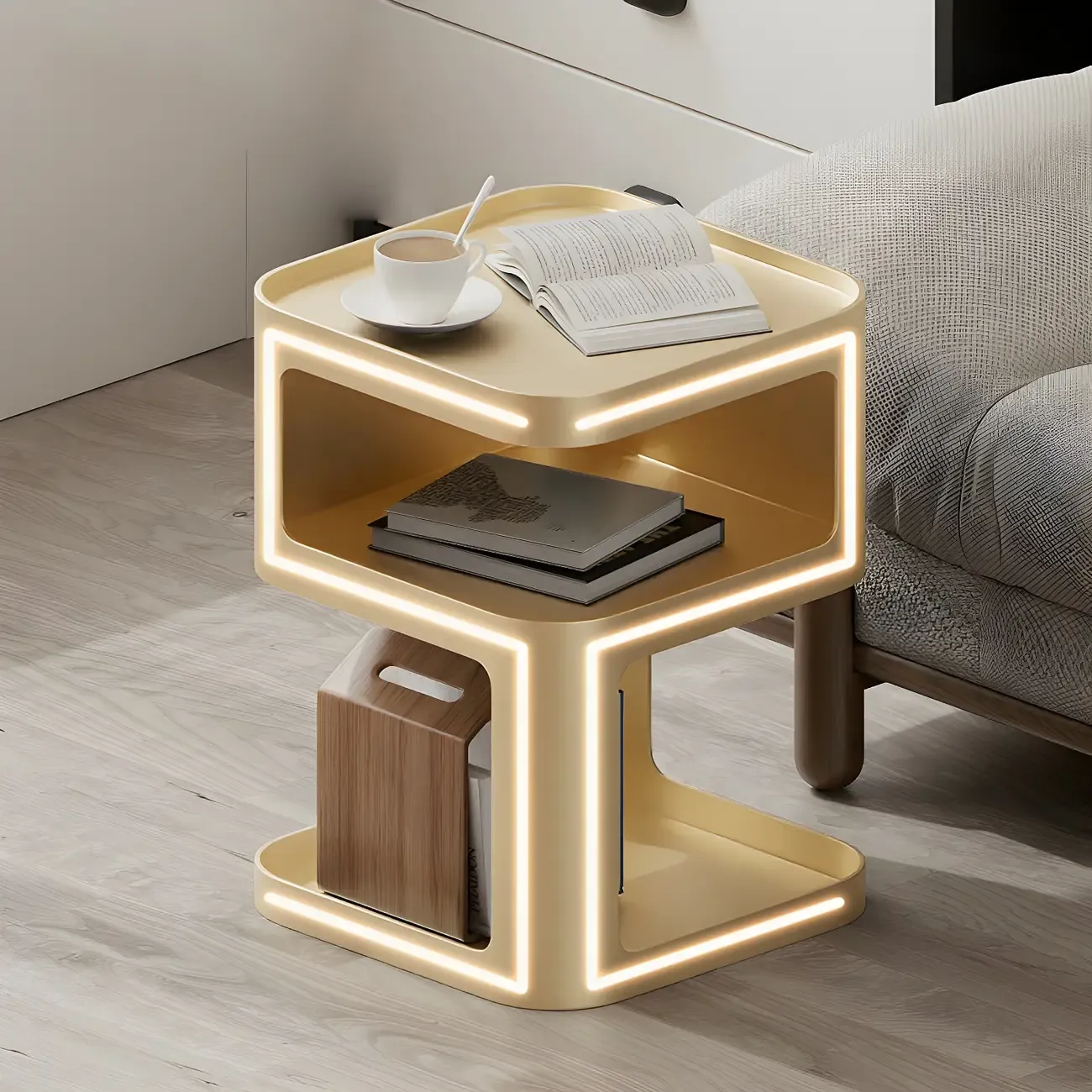 Modern Square Metal Side Table with Storage Shelves Image - 2