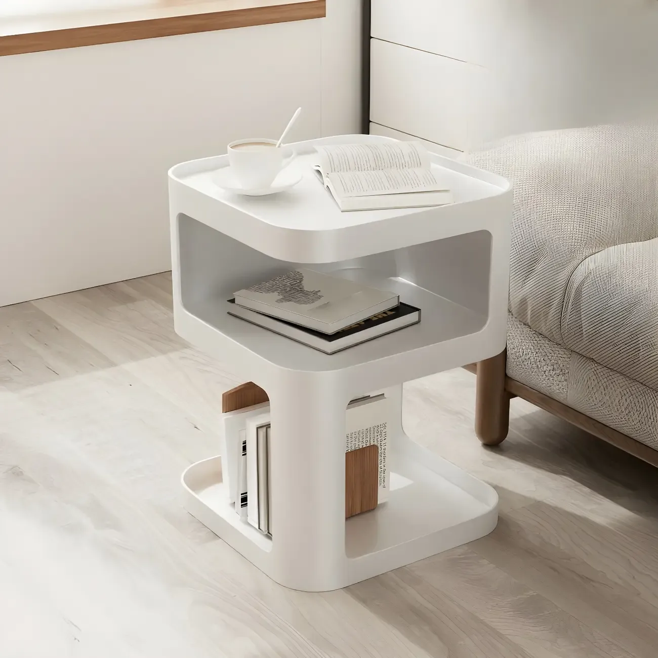 Modern Square Metal Side Table with Storage Shelves Image - 7