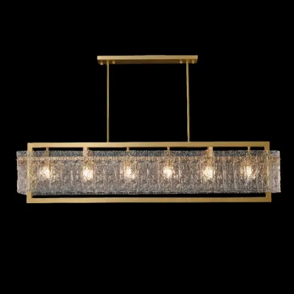 Luxury Rectangle Clear Textured Glass Island Light Brass Frame Image - 3