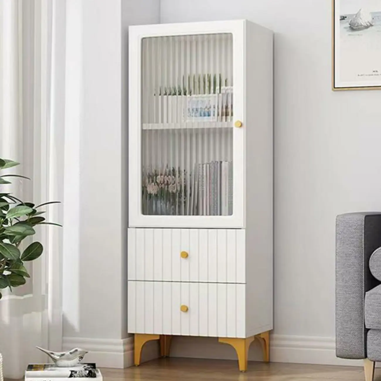 Modern White Glass Wood Storage Cabinet with Gold Metal Base Image - 2 | homeyfad