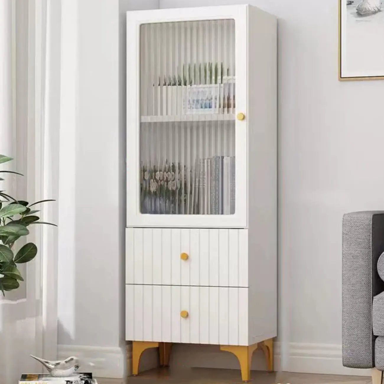 Modern White Glass Wood Storage Cabinet with Gold Metal Base Image - 1 | homeyfad