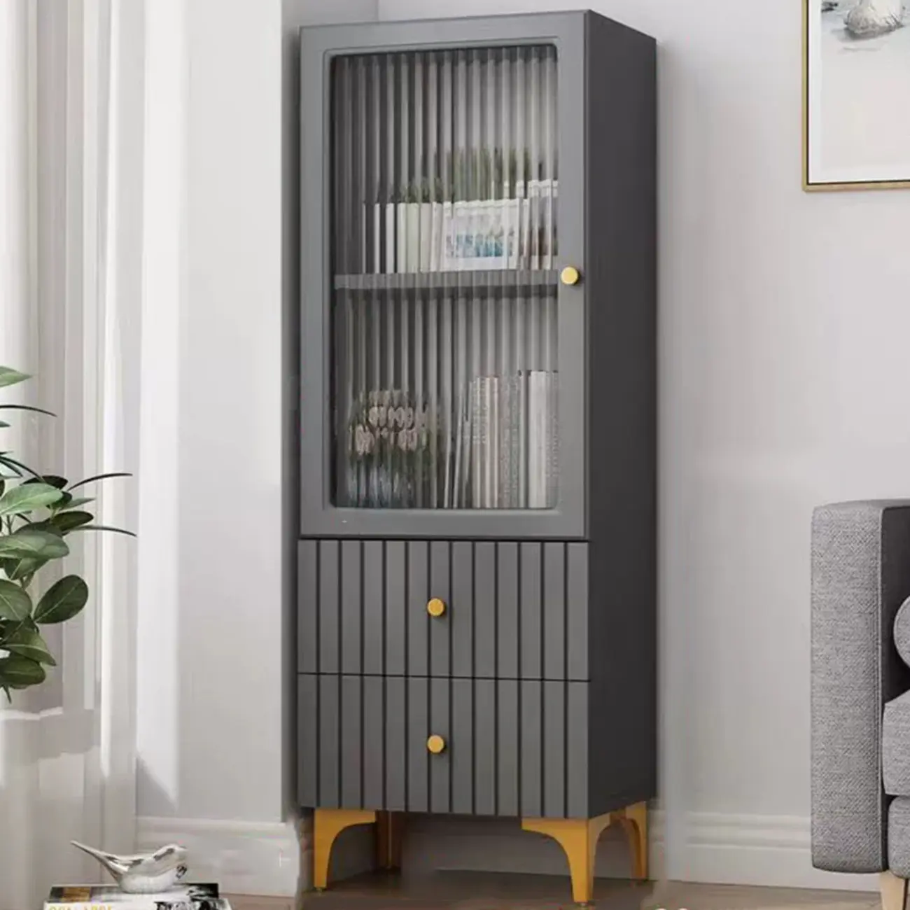 Modern White Glass Wood Storage Cabinet with Gold Metal Base Image - 3 | homeyfad