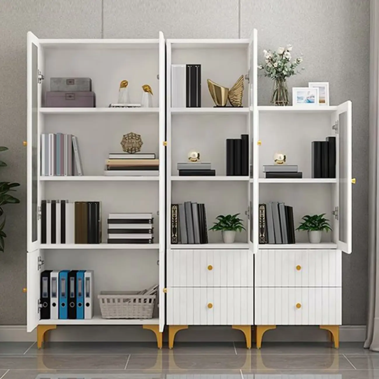 Modern White Glass Wood Storage Cabinet with Gold Metal Base Image - 4 | homeyfad