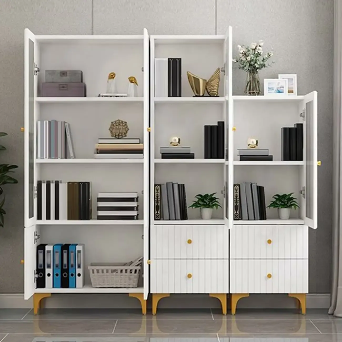 Modern White Glass Wood Storage Cabinet with Gold Metal Base Image - 4
