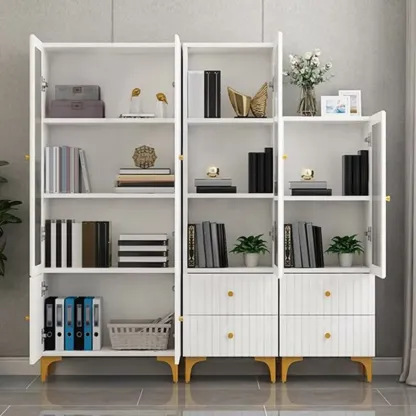 Modern White Glass Wood Storage Cabinet with Gold Metal Base Image - 4