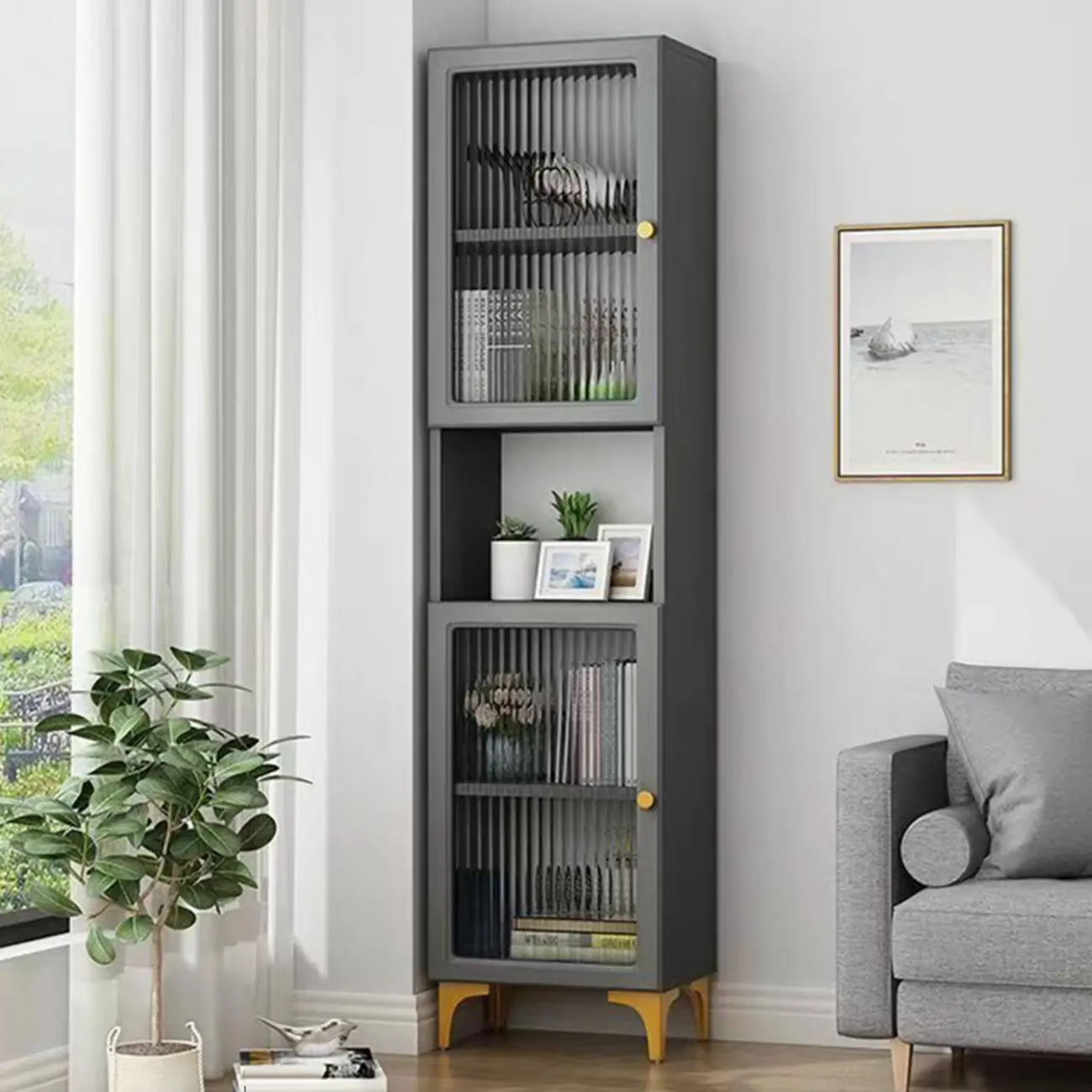 Modern White Glass Wood Storage Cabinet with Gold Metal Base Image - 8 | homeyfad