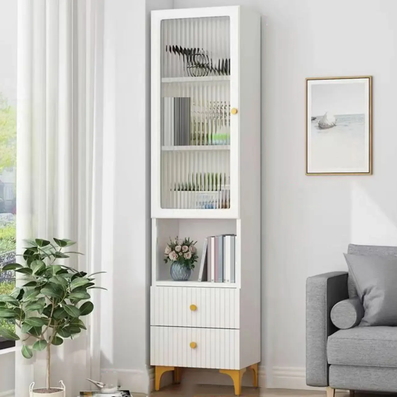 Modern White Glass Wood Storage Cabinet with Gold Metal Base Image - 9