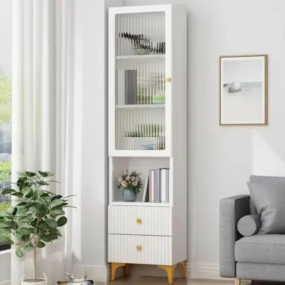 Modern White Glass Wood Storage Cabinet with Gold Metal Base Image - 9