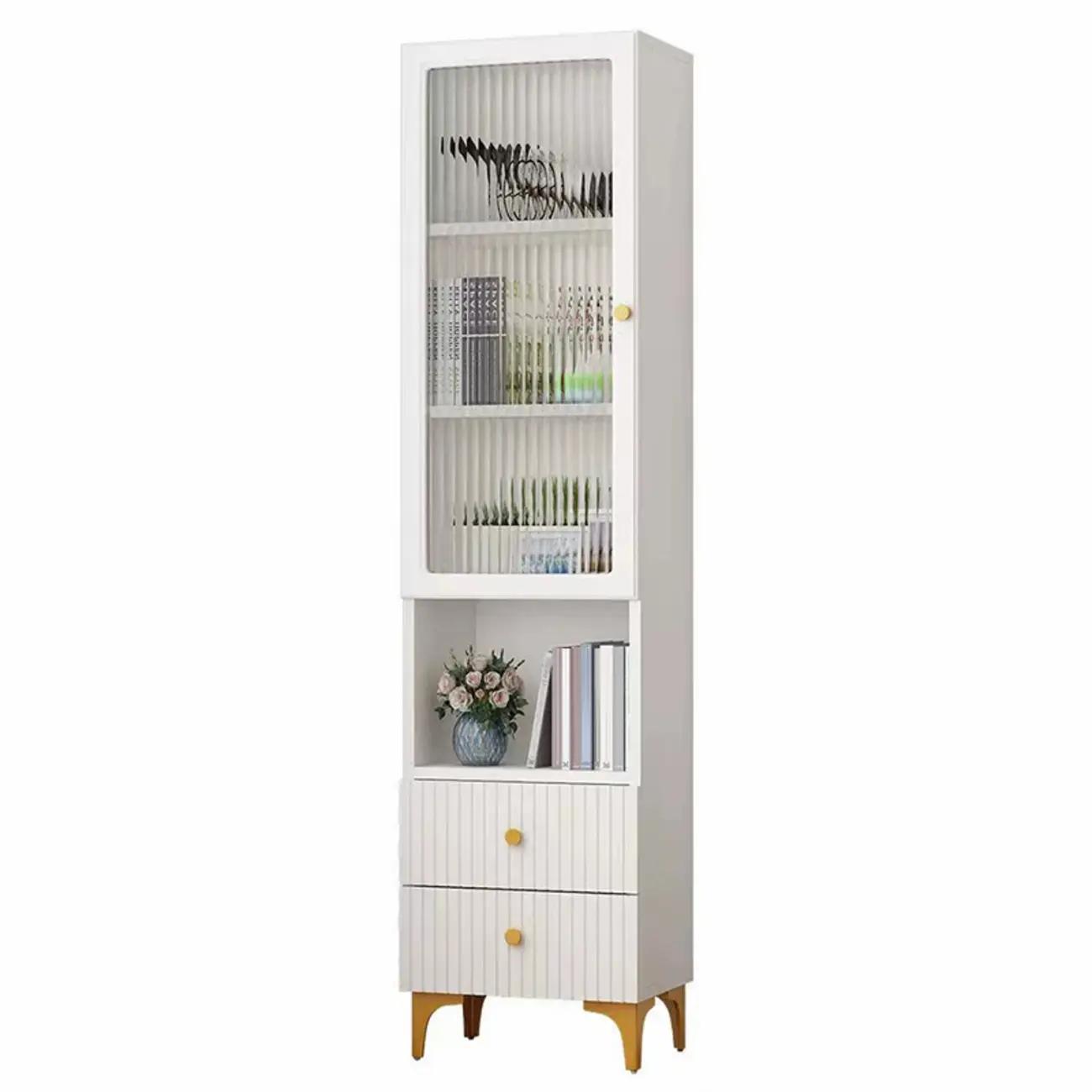 Modern White Glass Wood Storage Cabinet with Gold Metal Base Image - 10 | homeyfad