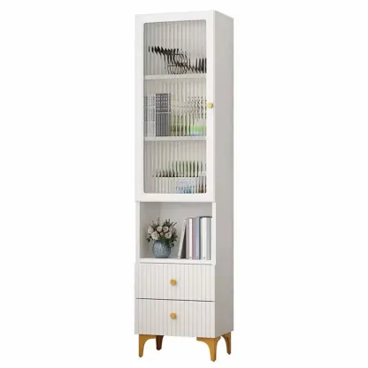 Modern White Glass Wood Storage Cabinet with Gold Metal Base Image - 10