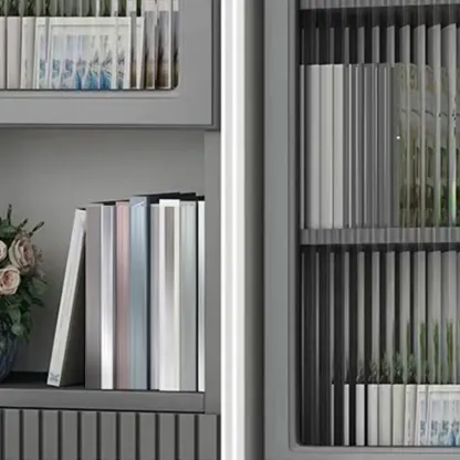 Modern White Glass Wood Storage Cabinet with Gold Metal Base Image - 11