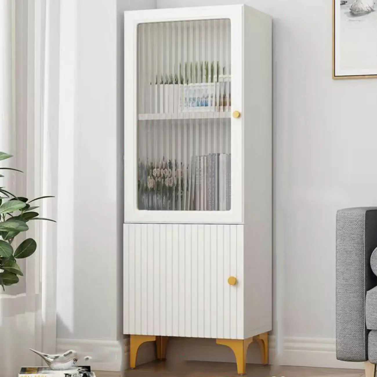 Modern White Glass Wood Storage Cabinet with Gold Metal Base Image - 14 | homeyfad