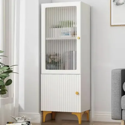 Modern White Glass Wood Storage Cabinet with Gold Metal Base Image - 14