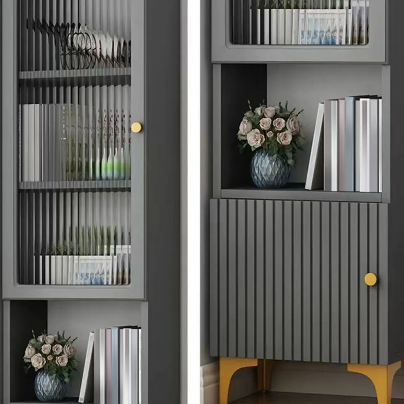 Modern White Glass Wood Storage Cabinet with Gold Metal Base Image - 15