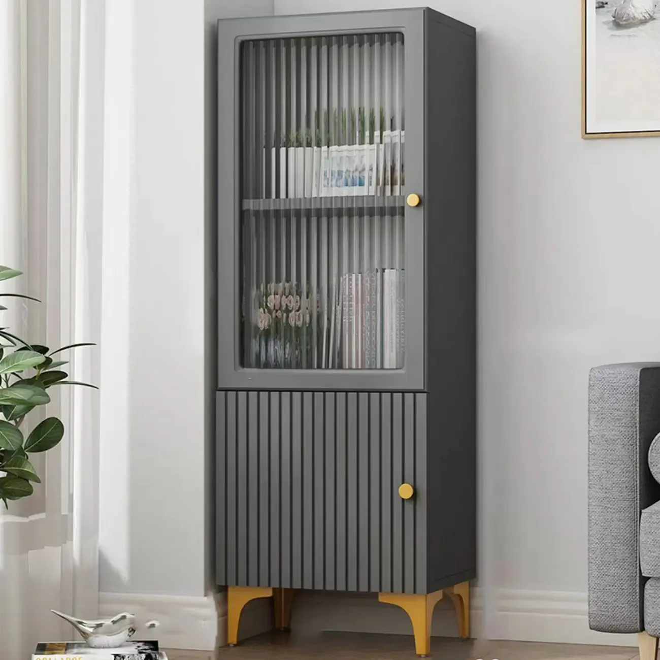 Modern White Glass Wood Storage Cabinet with Gold Metal Base Image - 16