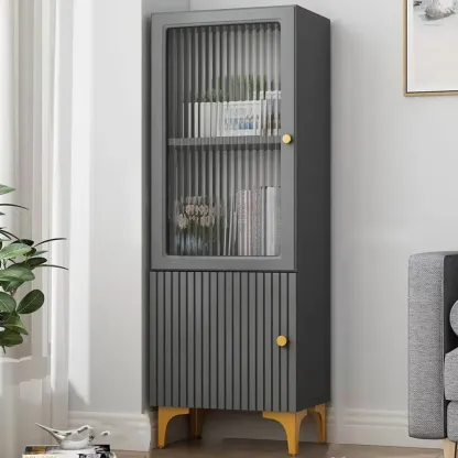 Modern White Glass Wood Storage Cabinet with Gold Metal Base Image - 16