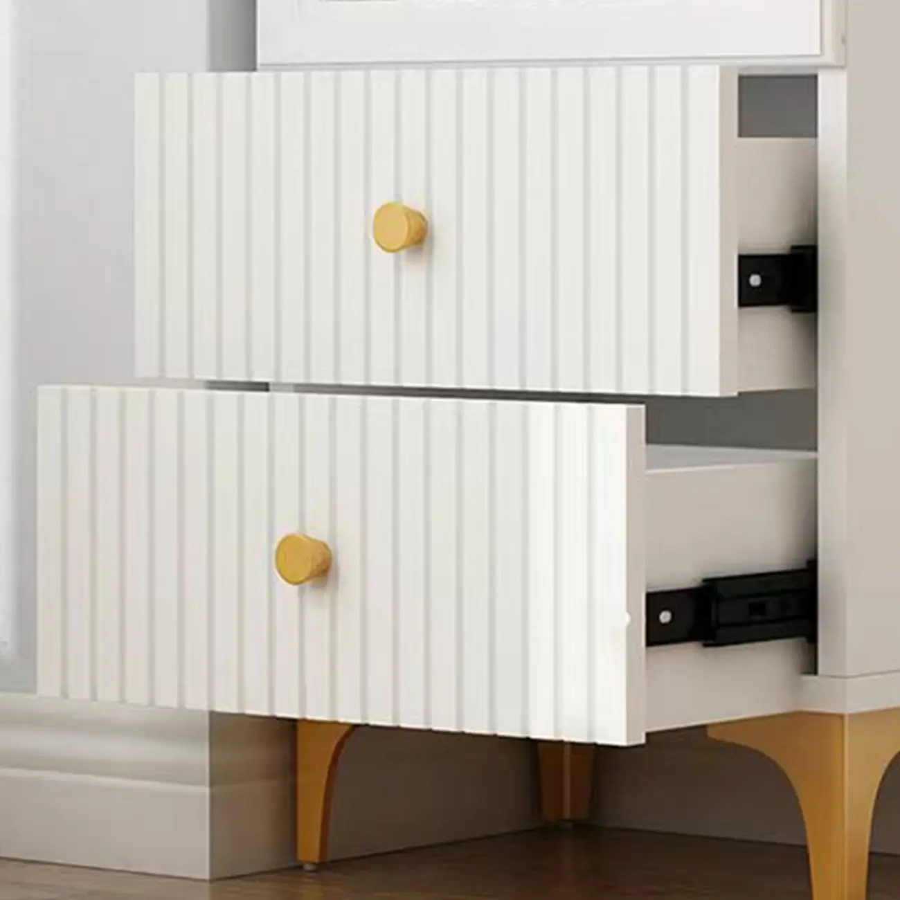 Modern White Glass Wood Storage Cabinet with Gold Metal Base Image - 17 | homeyfad