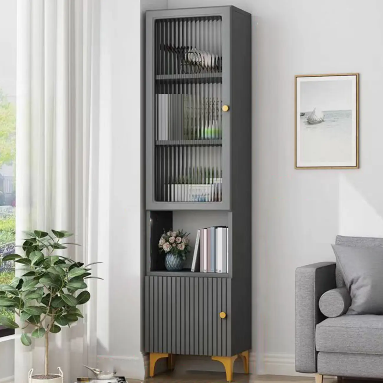 Modern White Glass Wood Storage Cabinet with Gold Metal Base Image - 23 | homeyfad