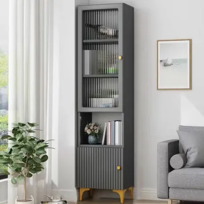 Modern White Glass Wood Storage Cabinet with Gold Metal Base Image - 23